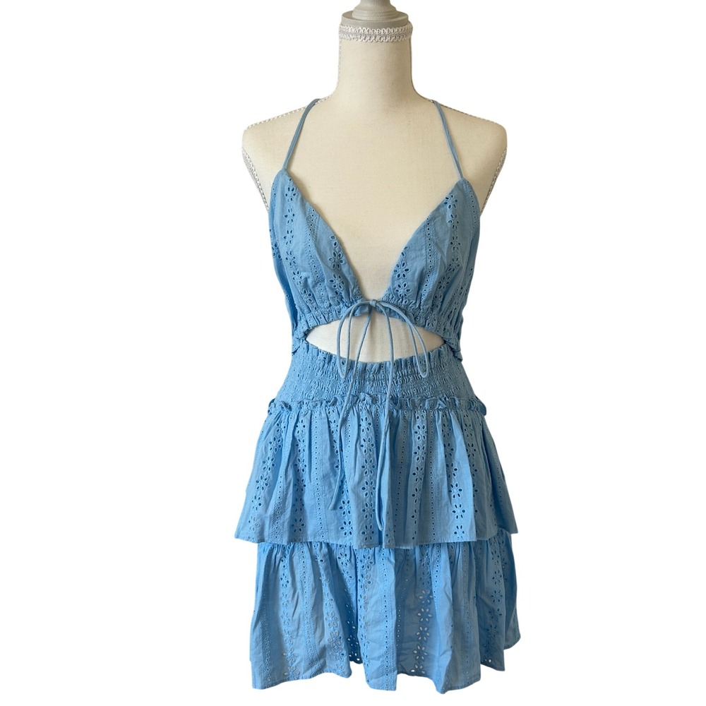 Mable Light Blue Eyelet Tiered Cutout Boho Festival Mini Dress S